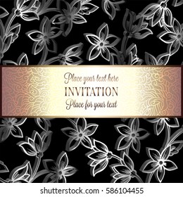 Baroque background with antique, luxury black and metal silver vintage frame, victorian banner, damask intricate wallpaper ornaments, invitation card, baroque style booklet, lace decoration, textile.