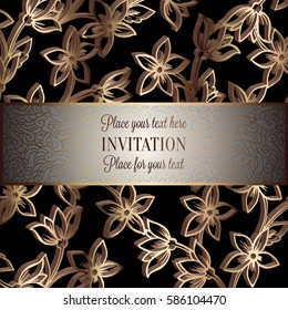 Baroque background with antique, luxury black and metal gold vintage frame, victorian banner, damask intricate wallpaper ornaments, invitation card, baroque style booklet, lace decoration, textile.