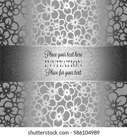 Baroque background with antique, luxury black and metal silver vintage frame, victorian banner, damask intricate wallpaper ornaments, invitation card, baroque style booklet, lace decoration, textile.