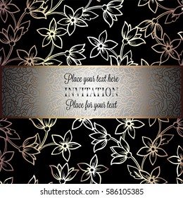 Baroque background with antique, luxury black and metal silver vintage frame, victorian banner, damask intricate wallpaper ornaments, invitation card, baroque style booklet, lace decoration, textile.
