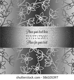 Baroque background with antique, luxury black and metal silver vintage frame, victorian banner, damask intricate wallpaper ornaments, invitation card, baroque style booklet, lace decoration, textile.