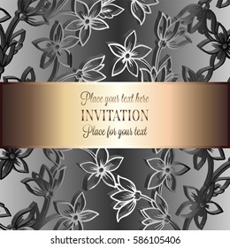 Baroque background with antique, luxury black and metal silver vintage frame, victorian banner, damask intricate wallpaper ornaments, invitation card, baroque style booklet, lace decoration, textile.