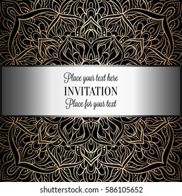 Baroque background with antique, luxury black and metal gold vintage frame, victorian banner, damask intricate wallpaper ornaments, invitation card, baroque style booklet, lace decoration, textile.