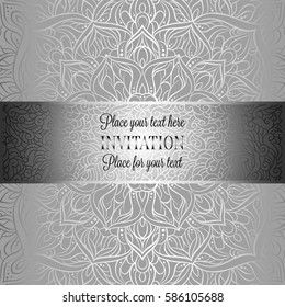 Baroque background with antique, luxury black and metal silver vintage frame, victorian banner, damask intricate wallpaper ornaments, invitation card, baroque style booklet, lace decoration, textile.