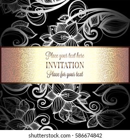 Baroque background with antique, luxury black, gray and metal silver vintage frame, victorian banner, ornamental lace intricate wallpaper, invitation card, baroque style booklet, lace decoration.