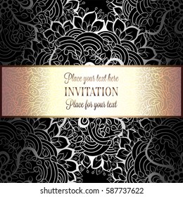 Baroque background with antique, luxury black and metal silver vintage frame, victorian banner, damask floral wallpaper ornaments, invitation card, baroque style booklet,lace decoration, textile.