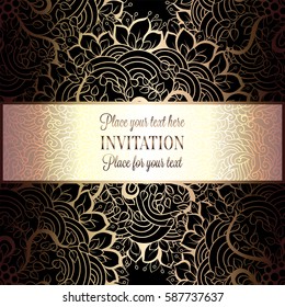 Baroque background with antique, luxury black and metal gold vintage frame, victorian banner, damask intricate wallpaper ornaments, invitation card, baroque style booklet, lace decoration, textile.