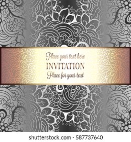 Baroque background with antique, luxury black and metal silver vintage frame, victorian banner, damask floral wallpaper ornaments, invitation card, baroque style booklet,lace decoration, textile.