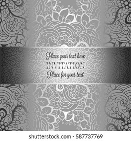 Baroque background with antique, luxury black and metal silver vintage frame, victorian banner, damask floral wallpaper ornaments, invitation card, baroque style booklet,lace decoration, textile.