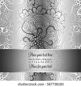 Baroque background with antique, luxury black and metal silver vintage frame, victorian banner, damask floral wallpaper ornaments, invitation card, baroque style booklet,lace decoration, textile.