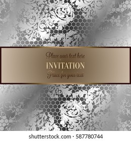 Baroque background with antique, luxury black and metal silver vintage frame, victorian banner, damask floral wallpaper ornaments, invitation card, baroque style booklet,lace decoration, textile.