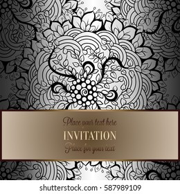 Baroque background with antique, luxury black and metal silver vintage frame, victorian banner, damask floral wallpaper ornaments, invitation card, baroque style booklet,lace decoration, textile.