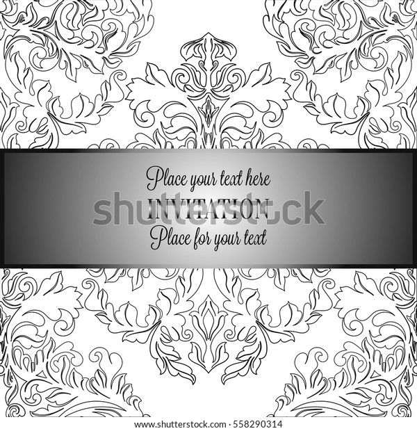 Baroque background with antique, luxury black and\
white vintage frame, victorian banner, damask floral wallpaper\
ornaments, invitation card, baroque style booklet, fashion pattern,\
template for design