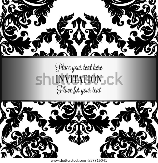Baroque background with antique, luxury black and
white vintage frame, victorian banner, damask floral wallpaper
ornaments, invitation card, baroque style booklet, fashion pattern,
template for design