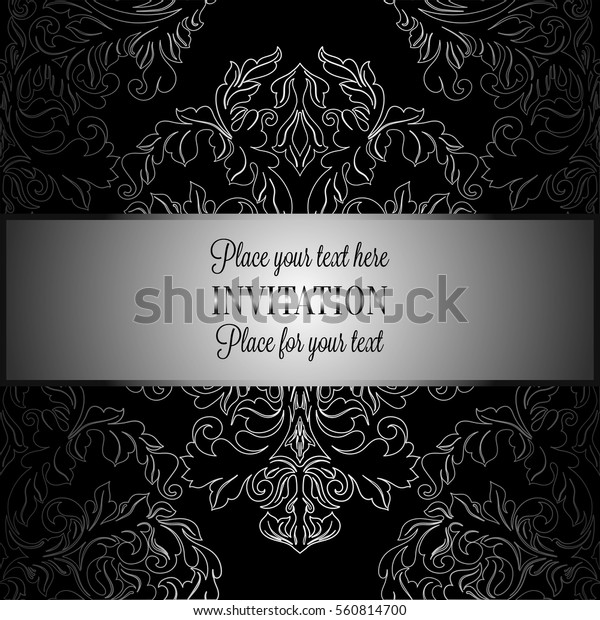 Baroque background with antique, luxury black and
white vintage frame, victorian banner, damask floral wallpaper
ornaments, invitation card, baroque style booklet, fashion pattern,
template for design