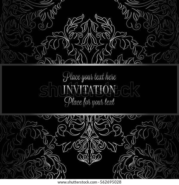 Baroque background with antique, luxury black and\
white vintage frame, victorian banner, damask floral wallpaper\
ornaments, invitation card, baroque style booklet, fashion pattern,\
template for design