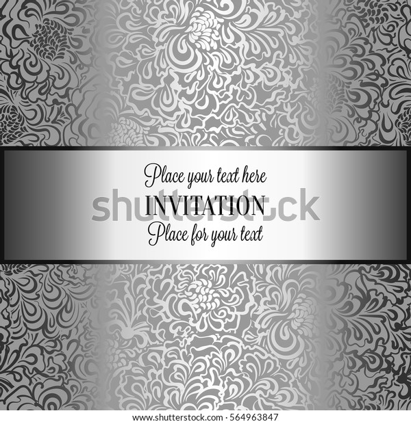 Baroque background with antique, luxury black and\
silver vintage frame, victorian banner, damask floral wallpaper\
ornaments, invitation card, baroque style booklet, fashion\
pattern,template for\
design