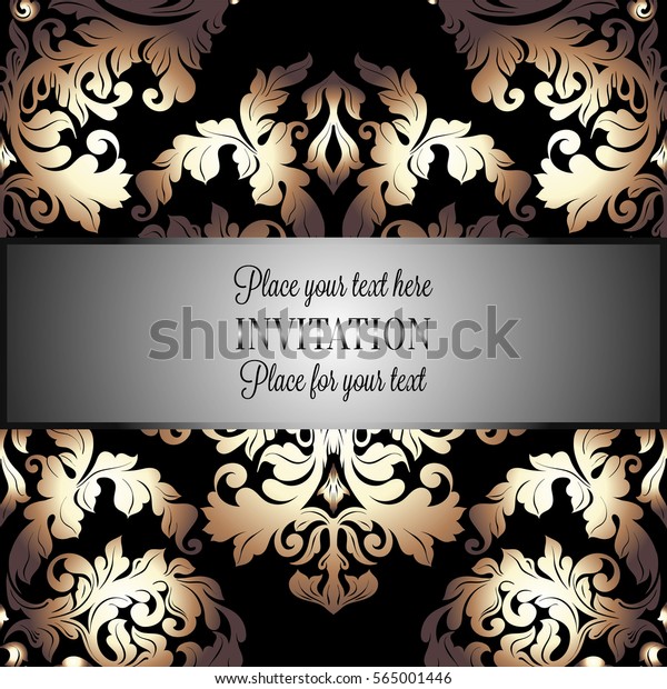 Baroque background with antique, luxury black and\
gold vintage frame, victorian banner, damask floral wallpaper\
ornaments, invitation card, baroque style booklet, fashion pattern,\
template for design.