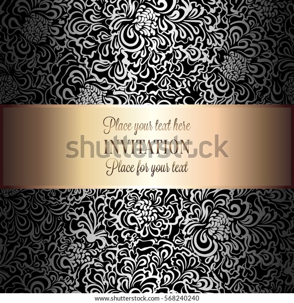 Baroque background with antique, luxury black and
silver vintage frame, victorian banner, damask floral wallpaper
ornaments, invitation card, baroque style booklet, fashion
pattern,template for
design