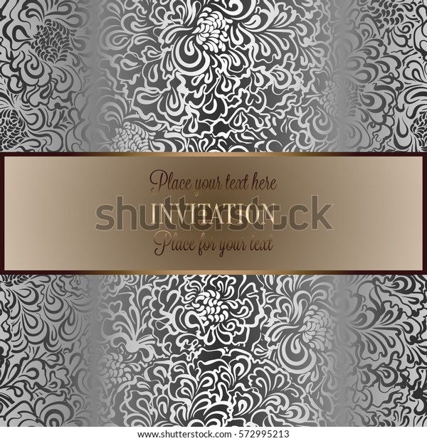 Baroque background with antique, luxury black and\
silver vintage frame, victorian banner, damask floral wallpaper\
ornaments, invitation card, baroque style booklet, fashion\
pattern,template for\
design