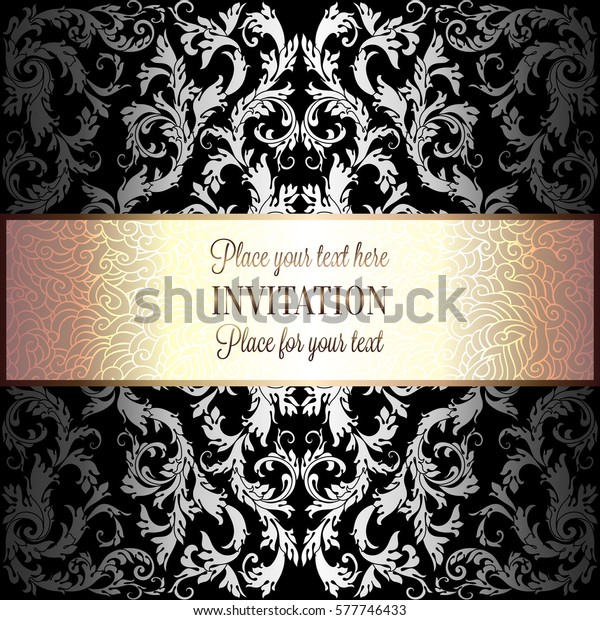 Baroque background with antique, luxury black and metal
silver vintage frame, victorian banner, damask floral wallpaper
ornaments, invitation card, baroque style booklet, fashion pattern,
template 