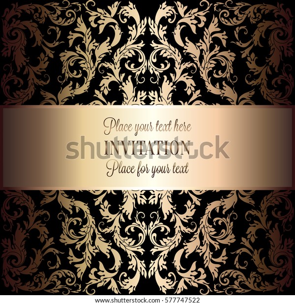 Baroque background with antique, luxury black\
and metal gold vintage frame, victorian banner, damask floral\
wallpaper ornaments, invitation card, baroque style booklet,\
fashion pattern,\
template.