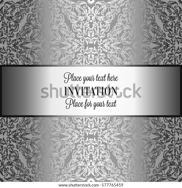 Baroque background with antique, luxury black
and metal silver vintage frame, victorian banner, damask floral
wallpaper ornaments, invitation card, baroque style booklet,
fashion pattern,
template