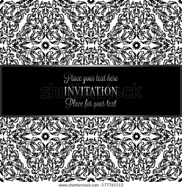 Baroque background with antique, luxury black and metal\
silver vintage frame, victorian banner, damask floral wallpaper\
ornaments, invitation card, baroque style booklet, fashion pattern,\
template 