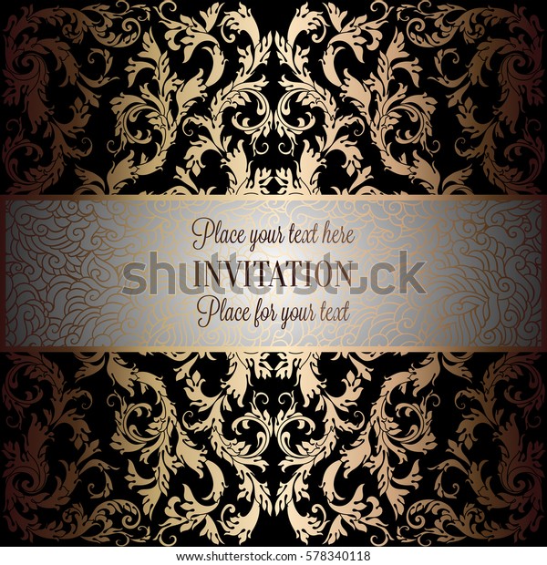 Baroque background with antique, luxury black
and metal gold vintage frame, victorian banner, damask floral
wallpaper ornaments, invitation card, baroque style booklet,
fashion pattern,
template.