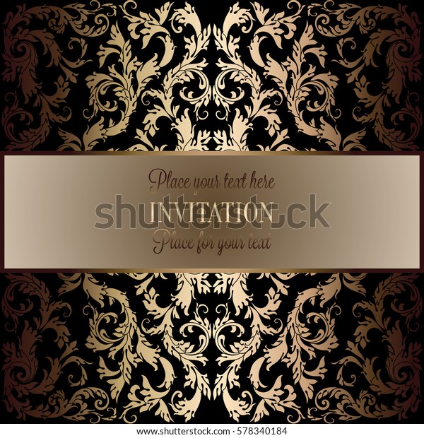 Baroque background with antique, luxury black\
and metal gold vintage frame, victorian banner, damask floral\
wallpaper ornaments, invitation card, baroque style booklet,\
fashion pattern,\
template.