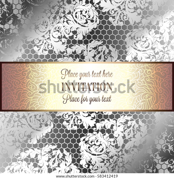 Baroque background with antique, luxury black
and metal silver vintage frame, victorian banner, damask floral
wallpaper ornaments, invitation card, baroque style booklet,lace
decoration, textile.