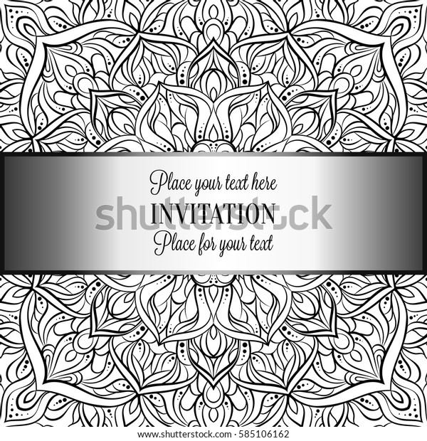 Baroque background with antique, luxury black\
and metal silver vintage frame, victorian banner, damask intricate\
wallpaper ornaments, invitation card, baroque style booklet, lace\
decoration, textile.