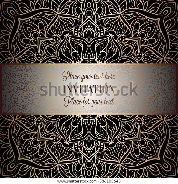Baroque background with antique, luxury black\
and metal gold vintage frame, victorian banner, damask intricate\
wallpaper ornaments, invitation card, baroque style booklet, lace\
decoration, textile.