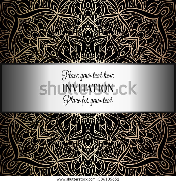 Baroque background with antique, luxury black\
and metal gold vintage frame, victorian banner, damask intricate\
wallpaper ornaments, invitation card, baroque style booklet, lace\
decoration, textile.
