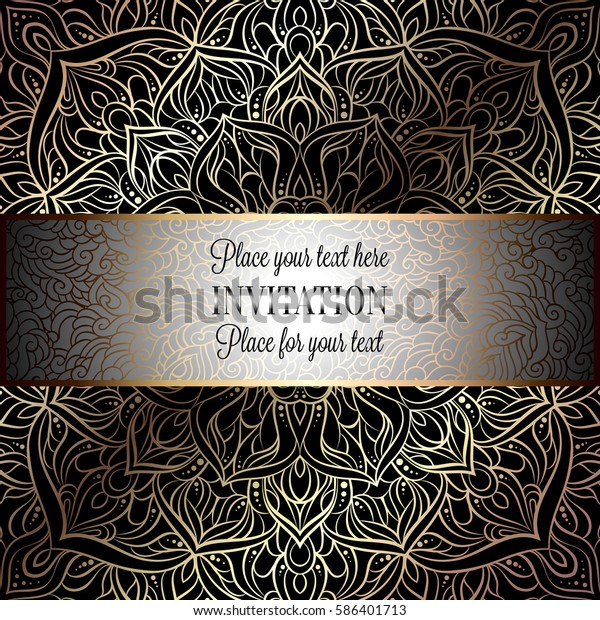 Baroque background with antique, luxury black
and metal gold vintage frame, victorian banner, ornamental lace
intricate wallpaper, invitation card, baroque style booklet, lace
decoration, textile.