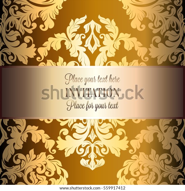 Baroque background with antique, luxury gold
vintage frame, victorian banner, damask floral wallpaper ornaments,
invitation card, baroque style booklet, fashion pattern, template
for design.