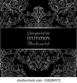 Baroque background with antique, luxury gray, black and metal silver vintage frame, victorian banner, damask floral wallpaper ornaments, invitation card, baroque style booklet, fashion pattern