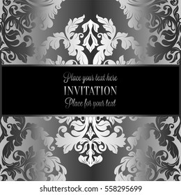 Baroque background with antique, luxury gray, black and metal silver vintage frame, victorian banner, damask floral wallpaper ornaments, invitation card, baroque style booklet, fashion pattern.