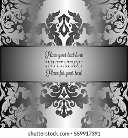 Baroque background with antique, luxury gray and metal silver vintage frame, victorian banner, damask floral wallpaper ornaments, invitation card, baroque style booklet, fashion pattern.