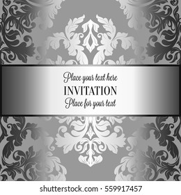 Baroque background with antique, luxury gray and metal silver vintage frame, victorian banner, damask floral wallpaper ornaments, invitation card, baroque style booklet, fashion pattern.