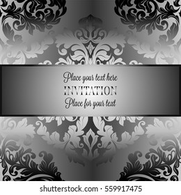 Baroque background with antique, luxury gray and metal silver vintage frame, victorian banner, damask floral wallpaper ornaments, invitation card, baroque style booklet, fashion pattern.