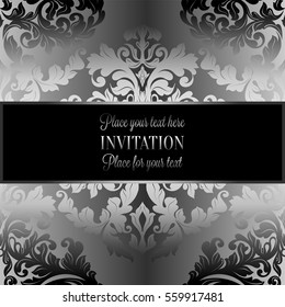 Baroque background with antique, luxury gray, black and metal silver vintage frame, victorian banner, damask floral wallpaper ornaments, invitation card, baroque style booklet, fashion pattern