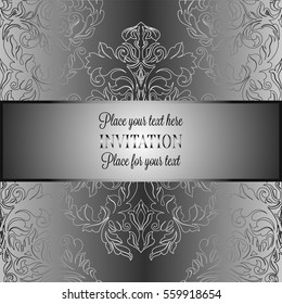 Baroque background with antique, luxury gray and metal silver vintage frame, victorian banner, damask floral wallpaper ornaments, invitation card, baroque style booklet, fashion pattern.