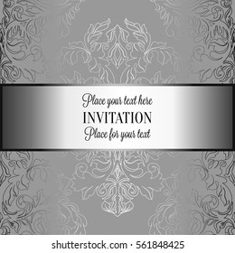 Baroque background with antique, luxury gray and metal silver vintage frame, victorian banner, damask floral wallpaper ornaments, invitation card, baroque style booklet, fashion pattern.