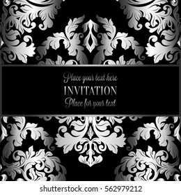 Baroque background with antique, luxury gray, black and metal silver vintage frame, victorian banner, damask floral wallpaper ornaments, invitation card, baroque style booklet, fashion pattern