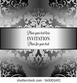 Baroque background with antique, luxury gray and metal silver vintage frame, victorian banner, damask floral wallpaper ornaments, invitation card, baroque style booklet, fashion pattern.