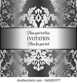 Baroque background with antique, luxury gray and metal silver vintage frame, victorian banner, damask floral wallpaper ornaments, invitation card, baroque style booklet, fashion pattern.
