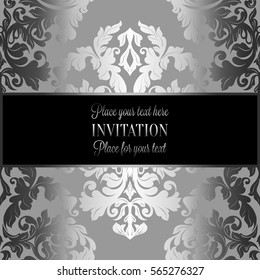 Baroque background with antique, luxury gray, black and metal silver vintage frame, victorian banner, damask floral wallpaper ornaments, invitation card, baroque style booklet, fashion pattern.