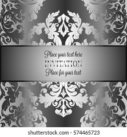 Baroque background with antique, luxury gray and metal silver vintage frame, victorian banner, damask floral wallpaper ornaments, invitation card, baroque style booklet, fashion pattern.