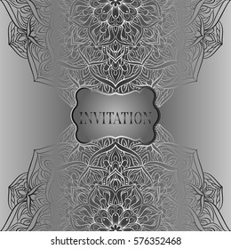 Baroque background with antique, luxury gray and metal silver vintage frame, victorian banner, damask floral wallpaper ornaments, invitation card, baroque style booklet, fashion pattern, template.
